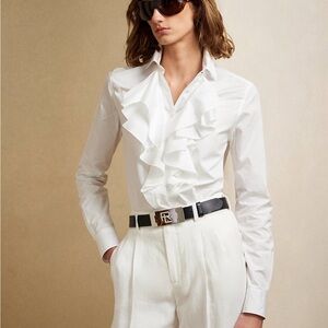 Lauren Ralph Lauren Off White  RuffleCotton Shirt with Green Label
